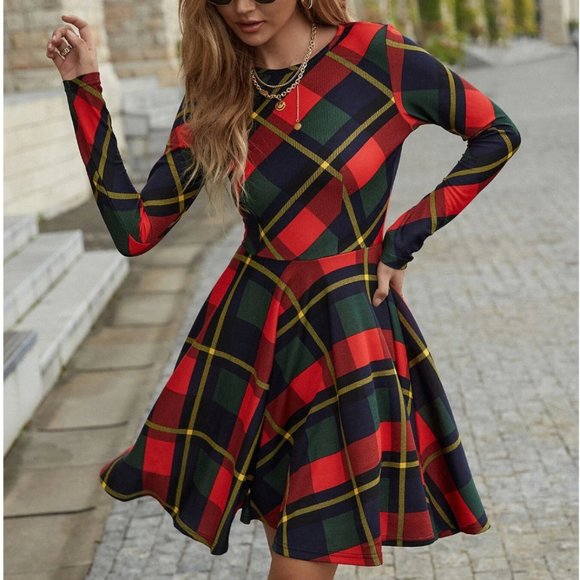 Plaid A-line Flared Mini Dress - Picture 2 of 9